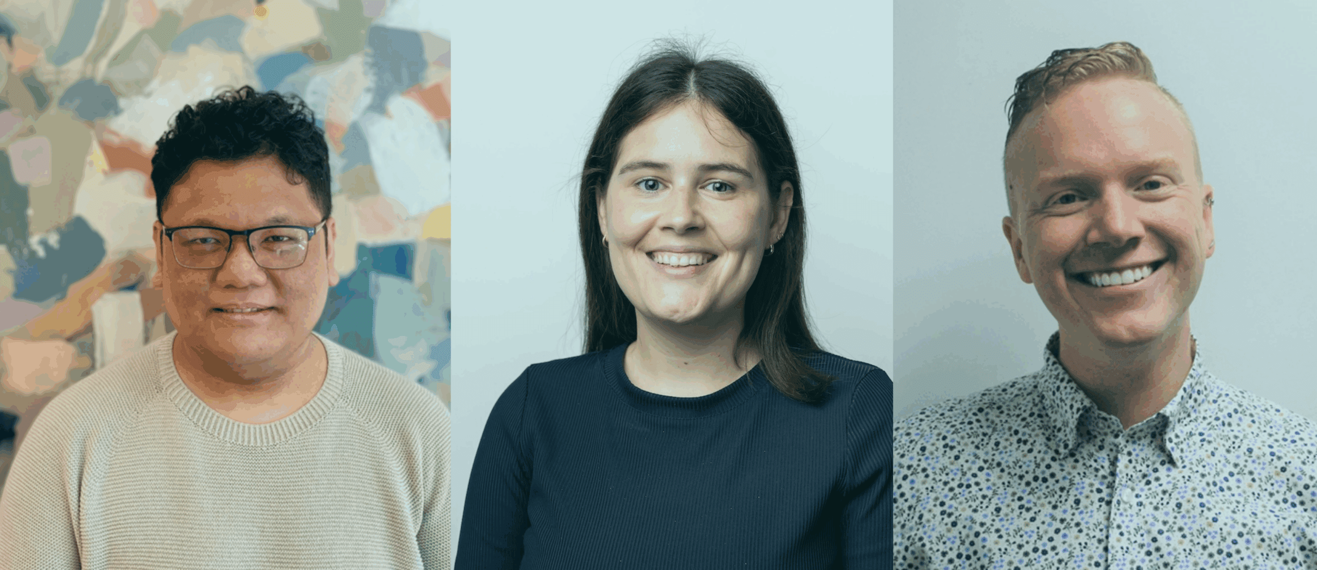 A compilation of three images with a blue tint, showing the 2025 postdoctoral fellows Paolo Palma, Olivia Price, and Alex Wells.