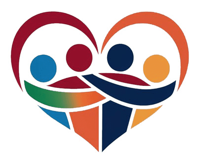 Multi-coloured graphic of people embracing within a heart. 