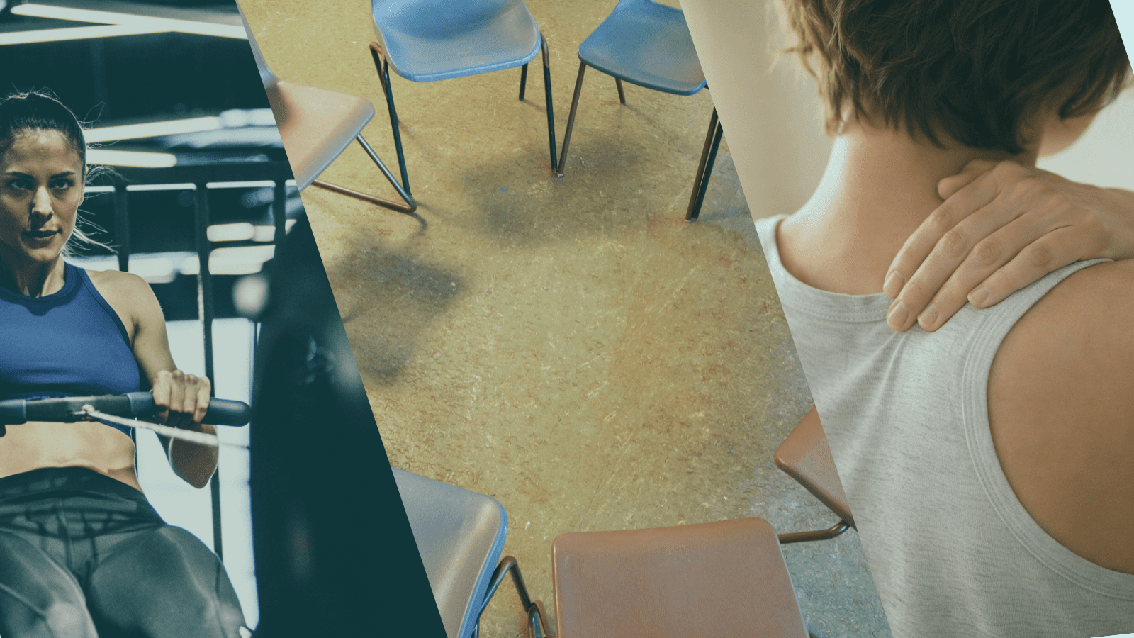A complication of three images with a teal tint; a person on an exercise bike, a cirrcle of stackable chairs, and a woman touching the small of her back as if it's in pain.