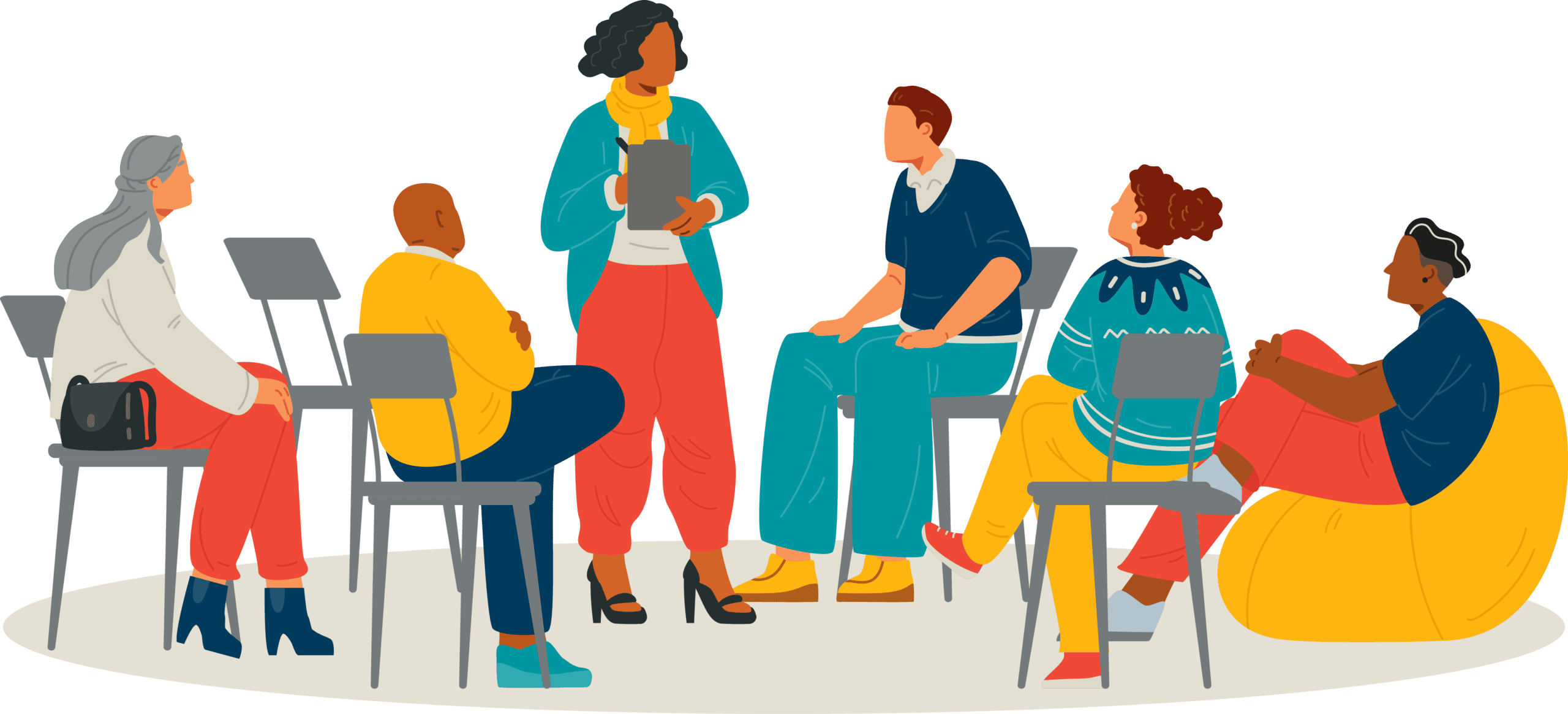 A graphic of people talking together in a meeting.