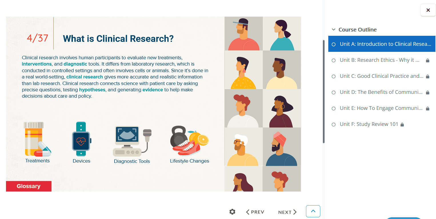 A screenshot from the introductory section of the 'Community Science Champions Program', introducing the concept of clinical research.